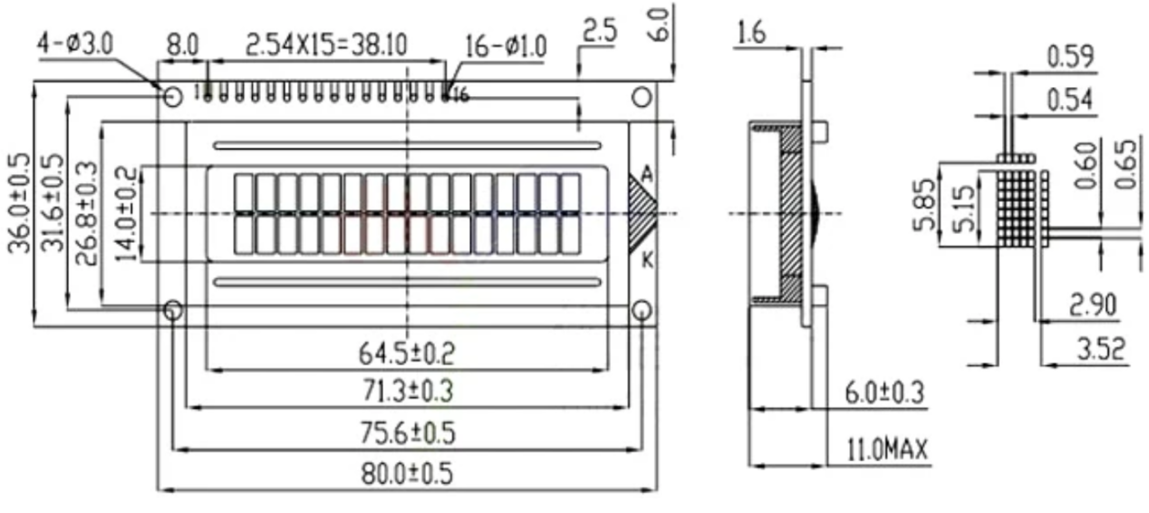LCD1602 LCD1602A Size Dimension